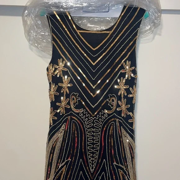 Elegant Black and Gold Embellished Dress 20s Flapper style Medium Great Gatsby - Picture 9 of 17